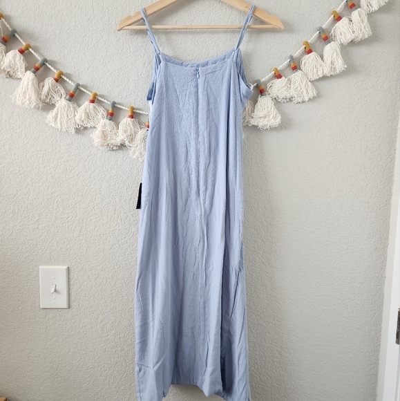 Lulus Stay Sunny Light Blue Faux Wrap Tie Midi Dress Sleeveless Overlap Skirt L - Picture 4 of 11